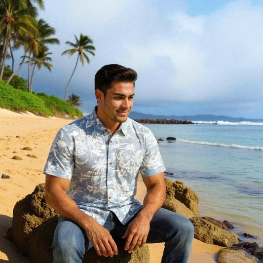 Island navy reverse print hawaiian cotton shirt - alohaz