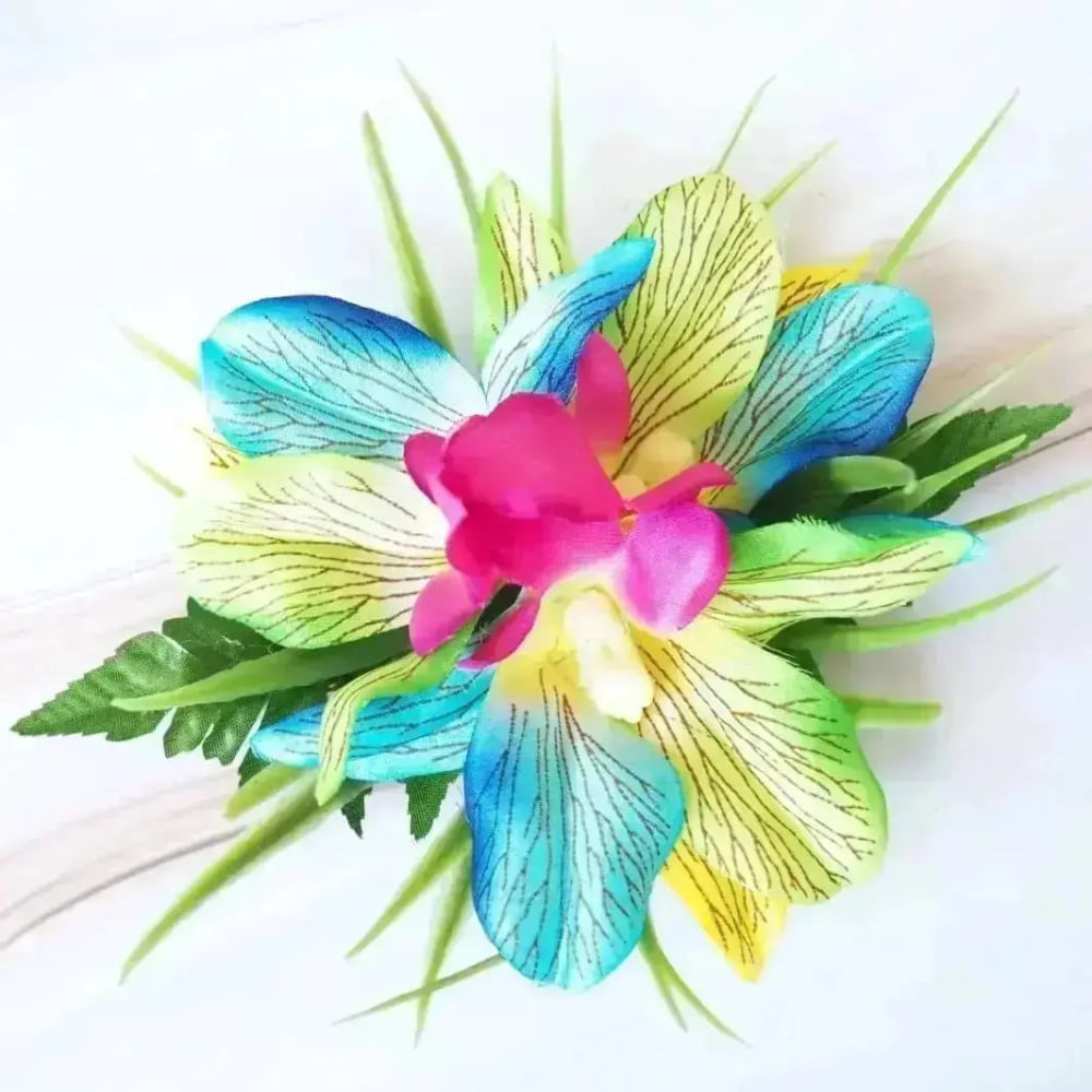 Kula blue/yellow hawaiian flower hair clip