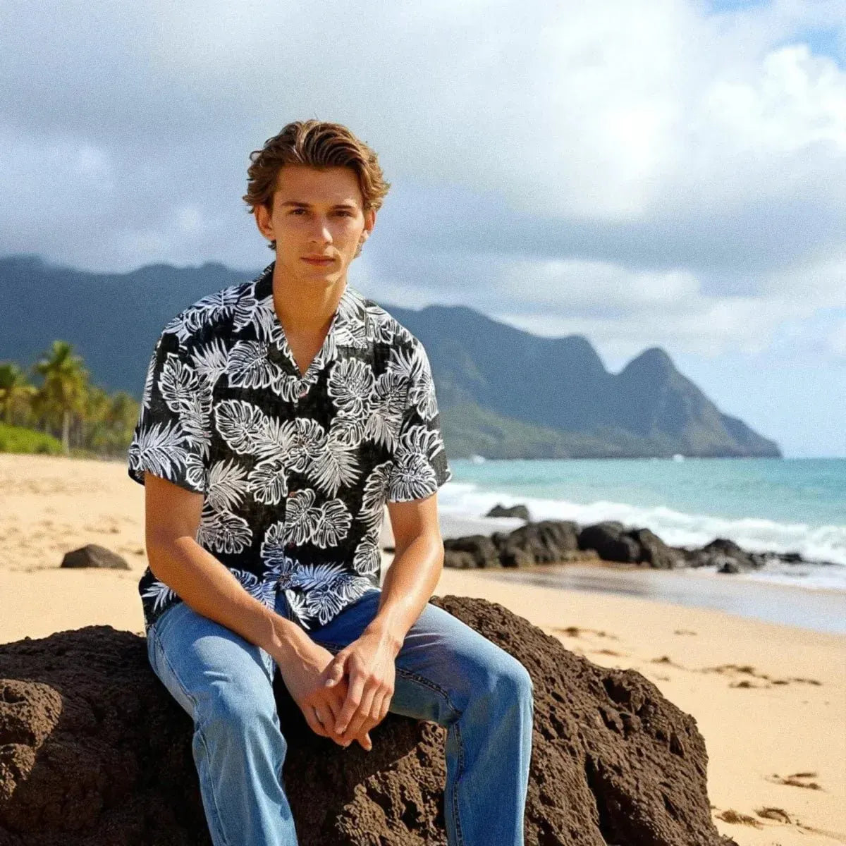 Leaf black hawaiian cotton shirt - alohaz