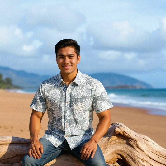 Leaf black reverse print hawaiian cotton shirt - alohaz