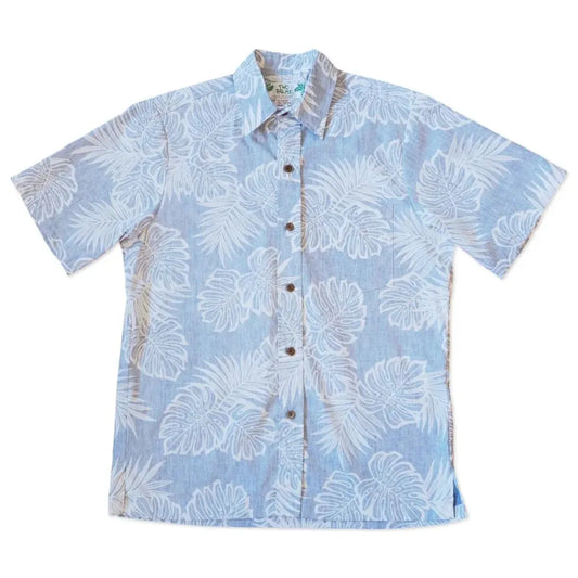Leaf blue reverse print hawaiian cotton shirt - alohaz