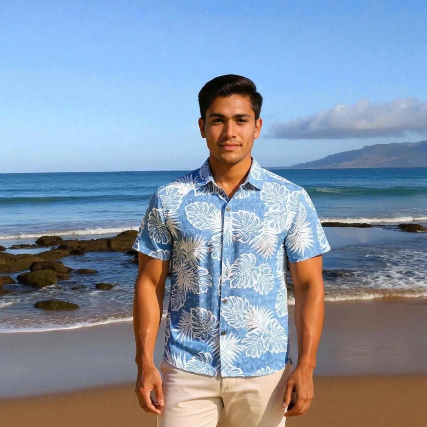 Leaf blue reverse print hawaiian cotton shirt - alohaz