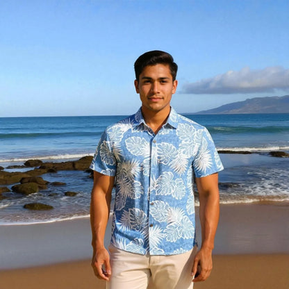 Leaf blue reverse print hawaiian cotton shirt - alohaz
