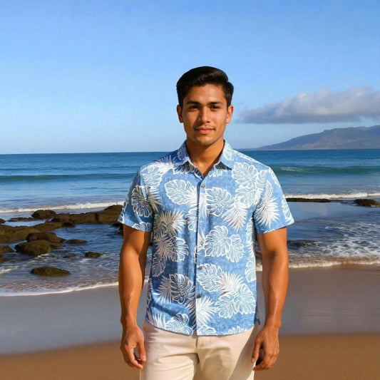 Leaf blue reverse print hawaiian cotton shirt - alohaz