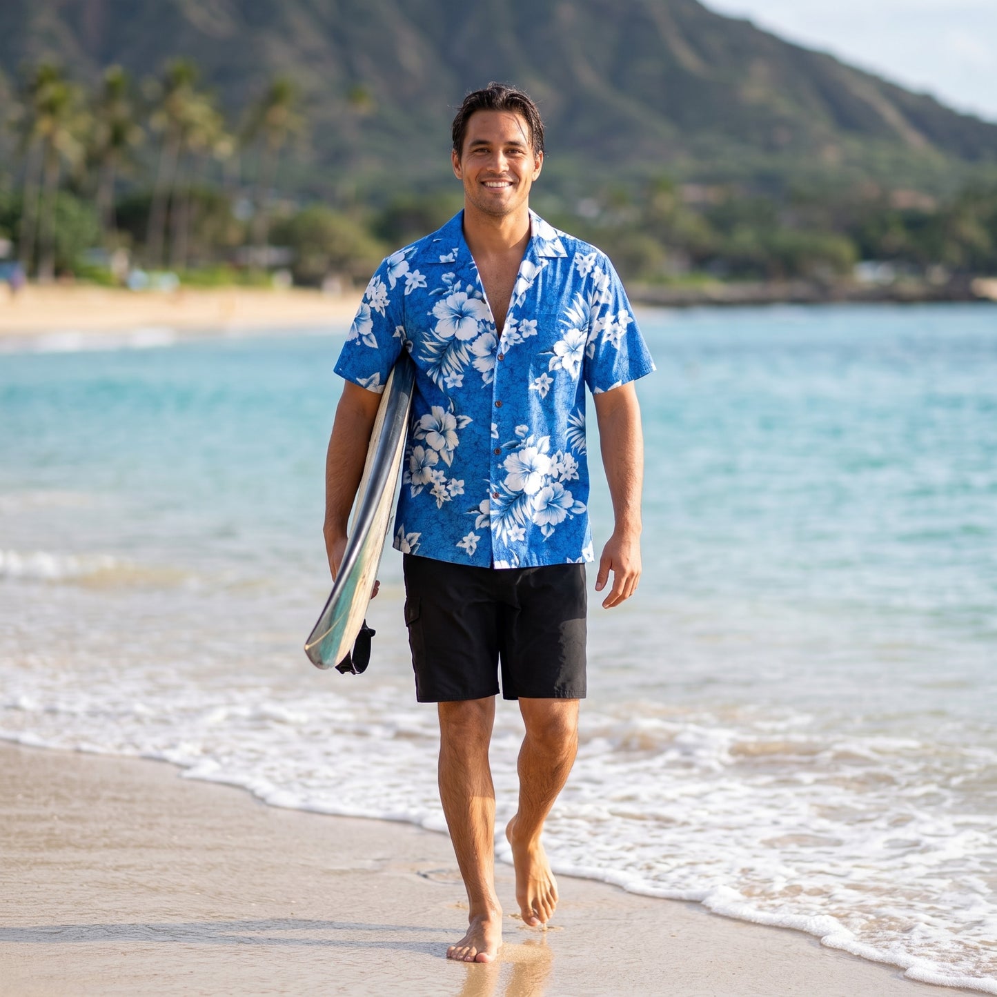 flower power blue hawaiian cotton shirt