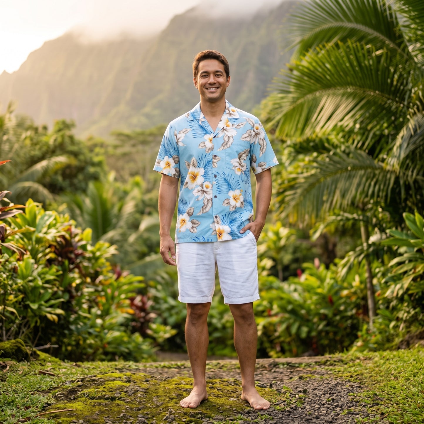 hibiscus joy blue hawaiian cotton shirt