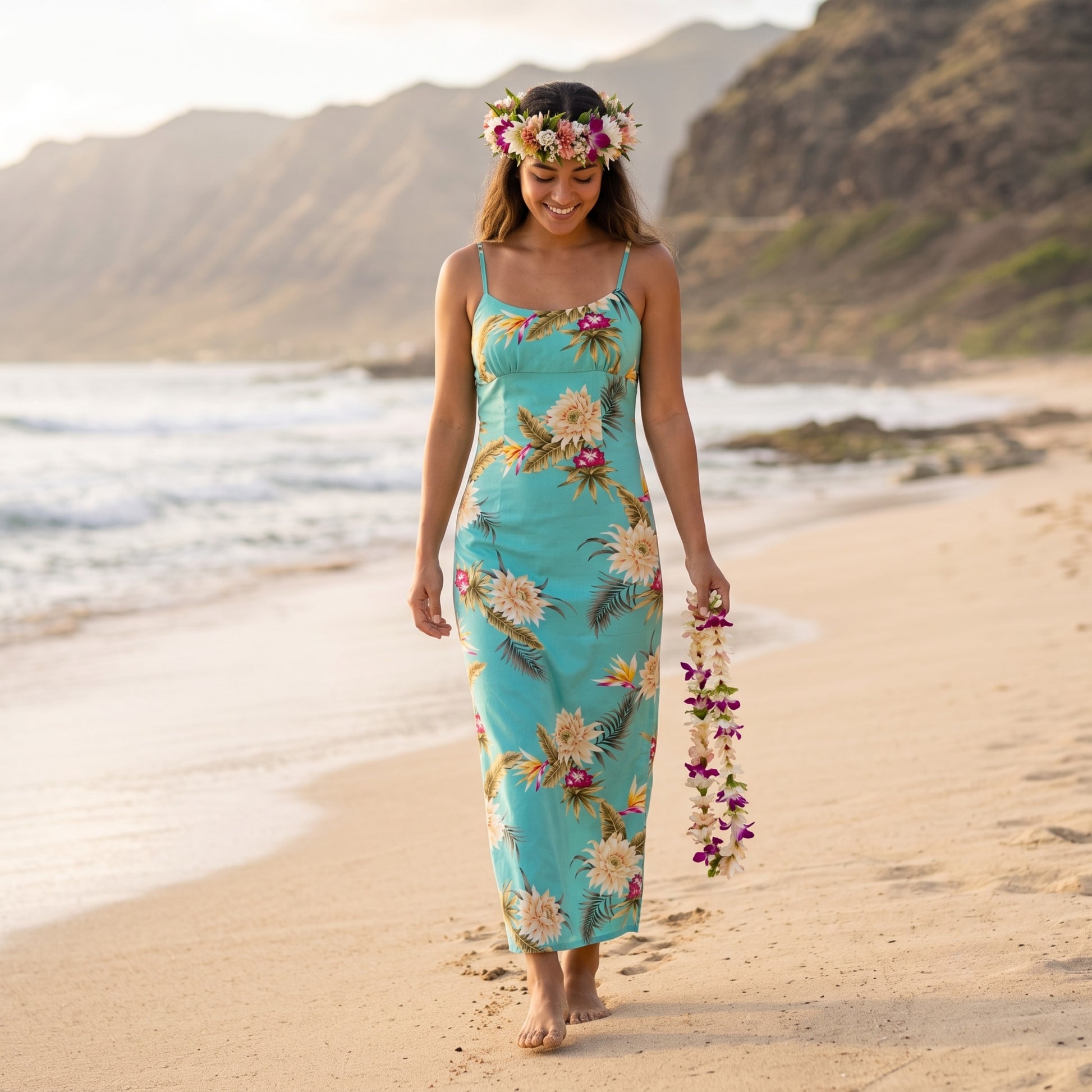 mountain green long skinny straps hawaiian dress