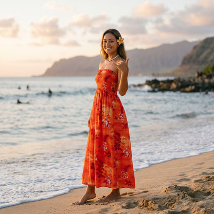 aurora orange hawaiian maxi dress