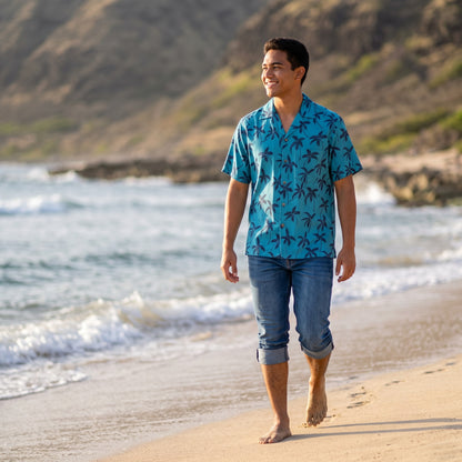 palm breeze blue hawaiian rayon shirt