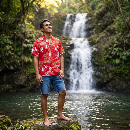 island breeze crane red hawaiian aloha rayon shirt