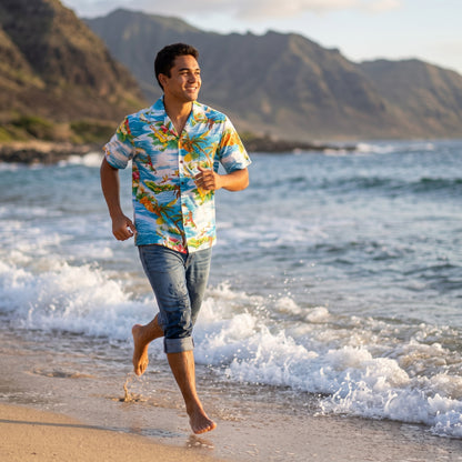 ocean life teal hawaiian rayon shirt