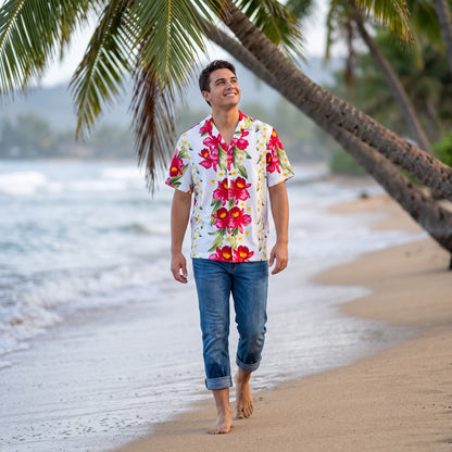 orchid play white hawaiian rayon shirt