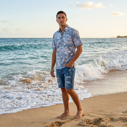 island navy REVERSE print hawaiian cotton shirt