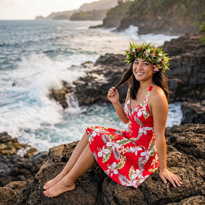 volcanic red hawaiian napali halter dress