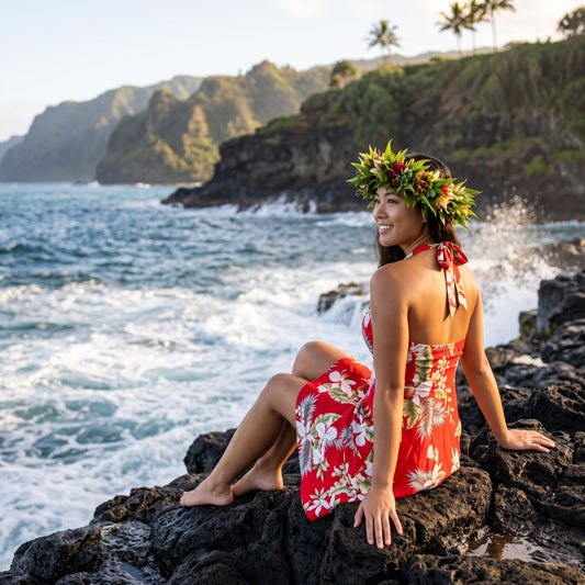 volcanic red hawaiian napali halter dress