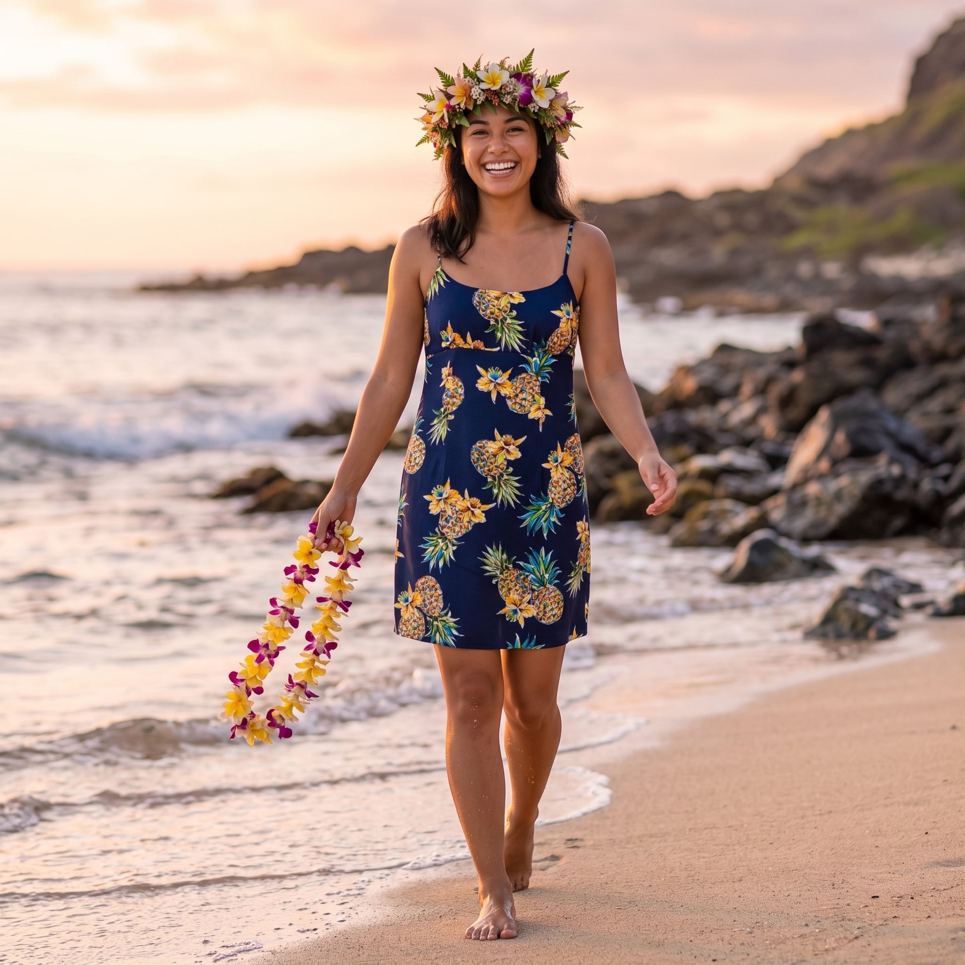 pineapple navy blue short skinny straps hawaiian dress – Alohaz