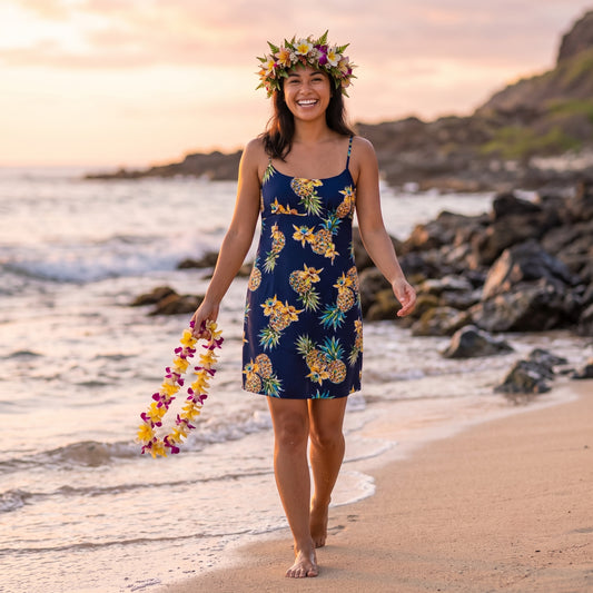pineapple navy blue short skinny straps hawaiian dress