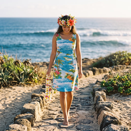 ocean life teal hawaiian tank dress