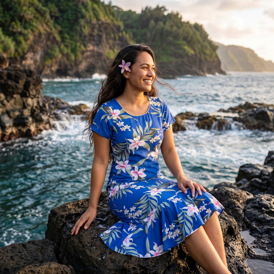 bamboo orchid blue hawaiian laka dress