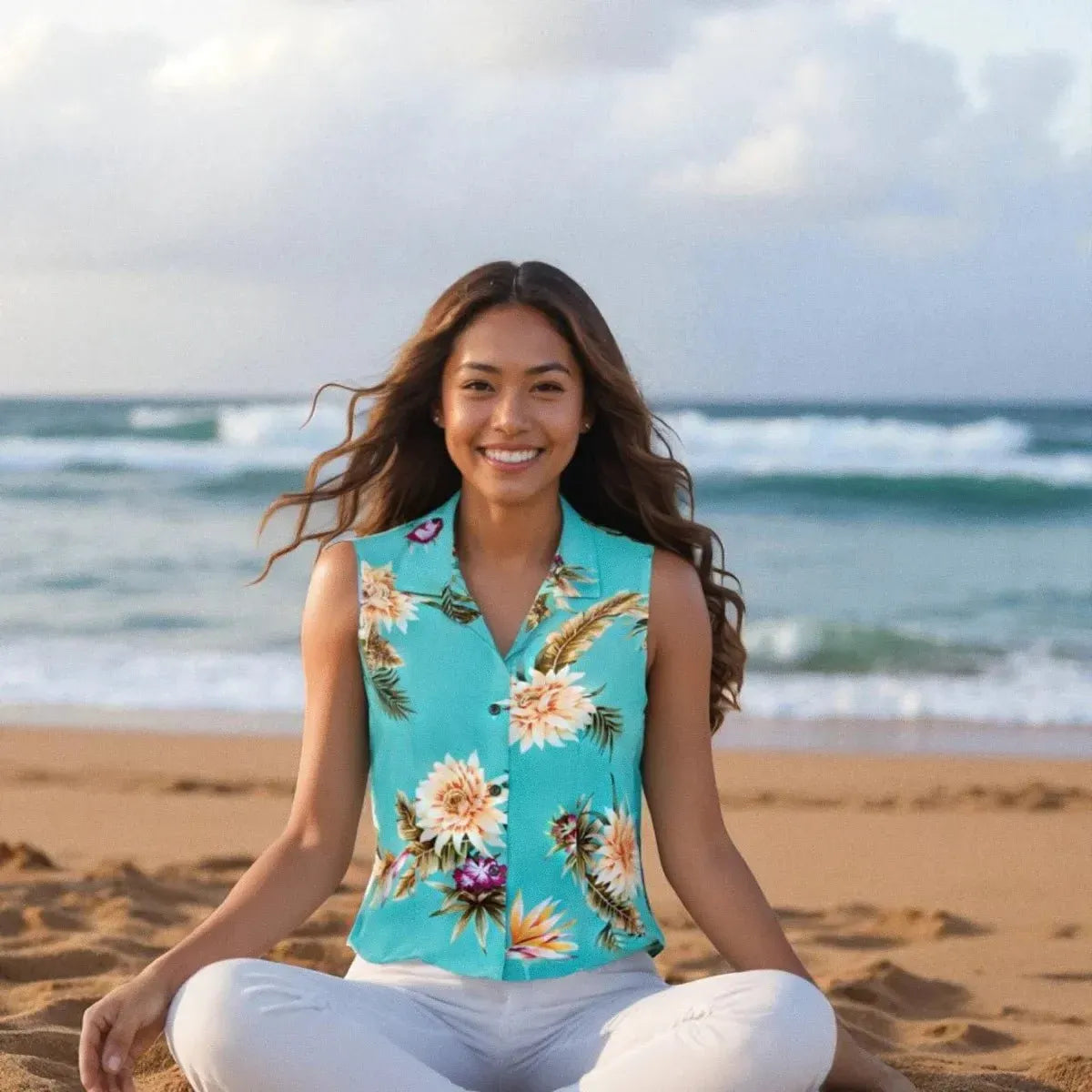 Mountain green hawaiian sleeveless blouse - alohaz