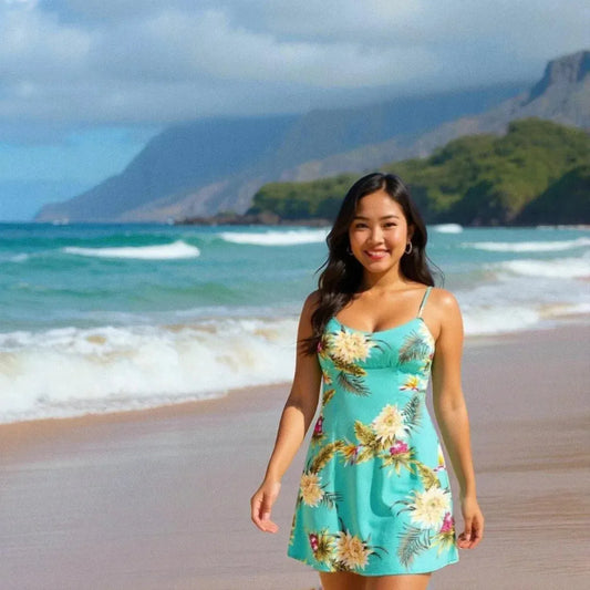 Mountain green short skinny straps hawaiian dress - alohaz