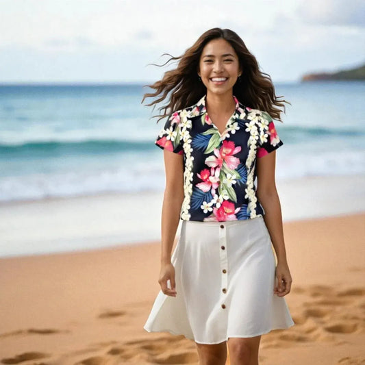 Orchid play blue hawaiian lady blouse - alohaz