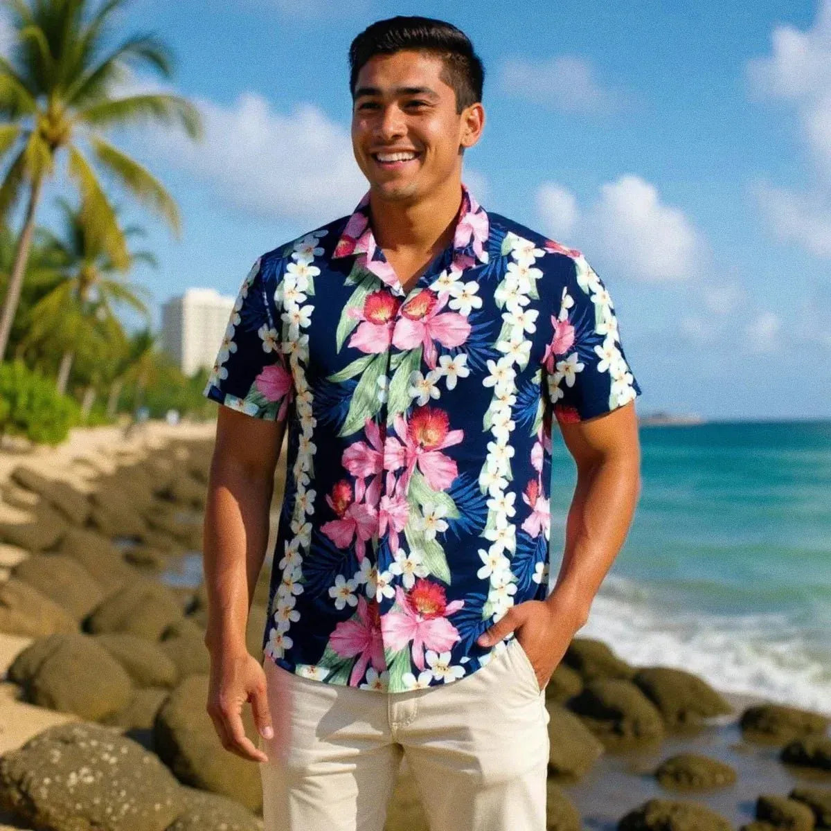 Orchid play navy hawaiian rayon shirt - alohaz