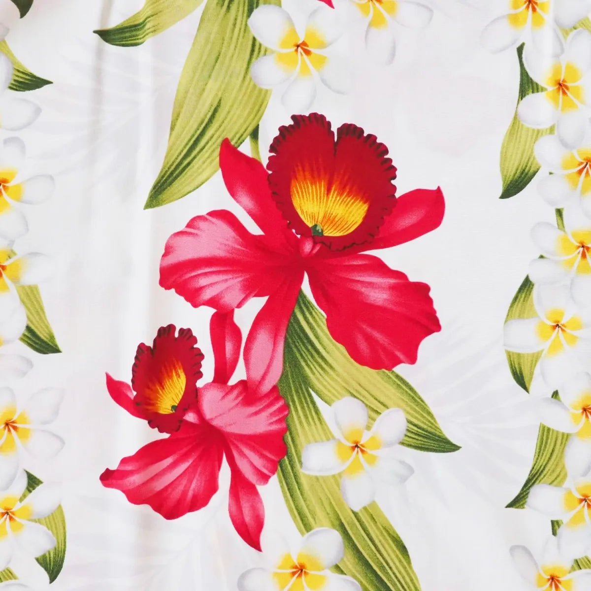 Orchid play white hawaiian rayon fabric