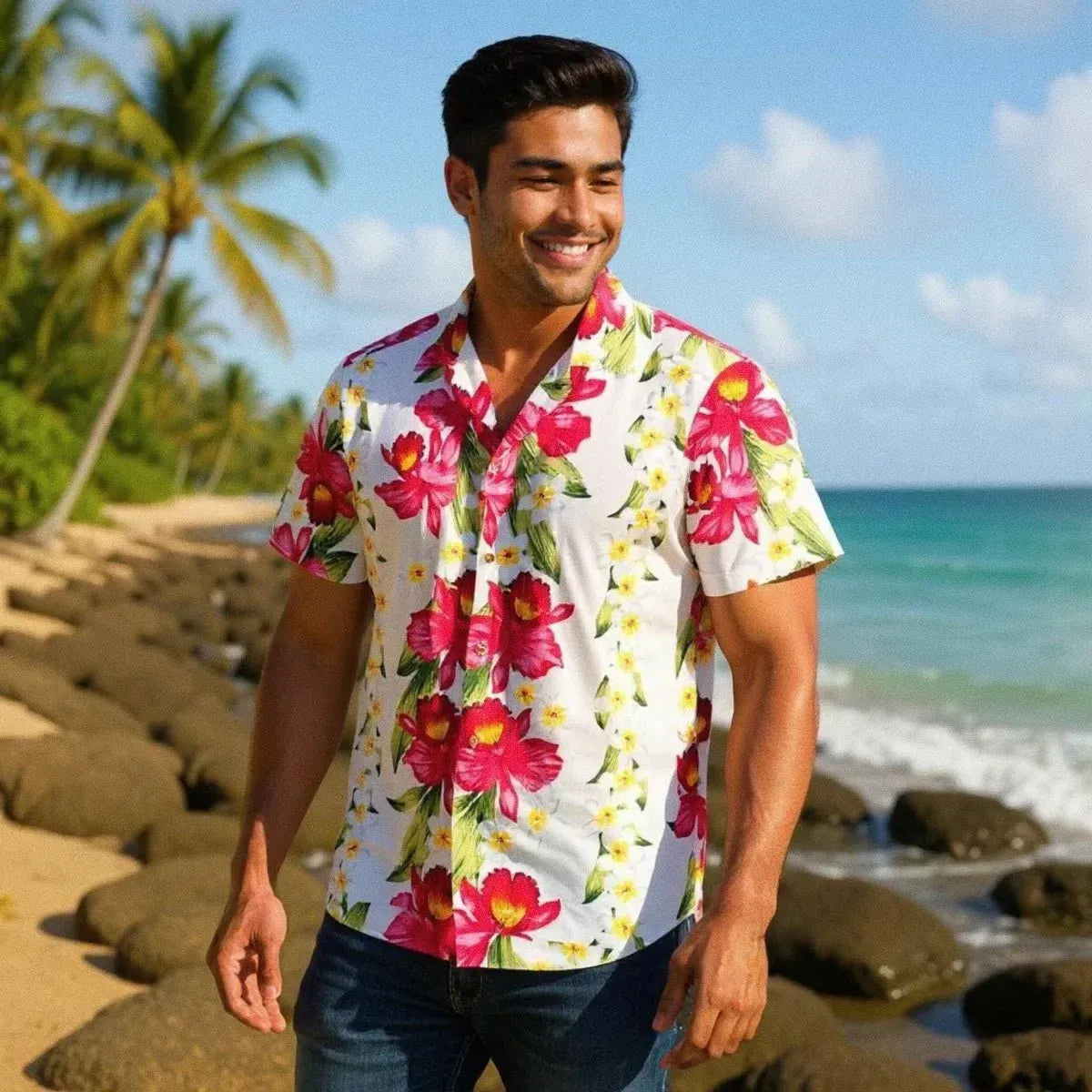 Orchid play white hawaiian rayon shirt - alohaz