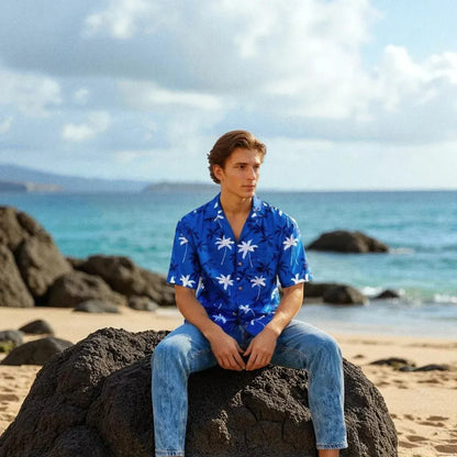 Palm beach blue hawaiian cotton shirt - alohaz