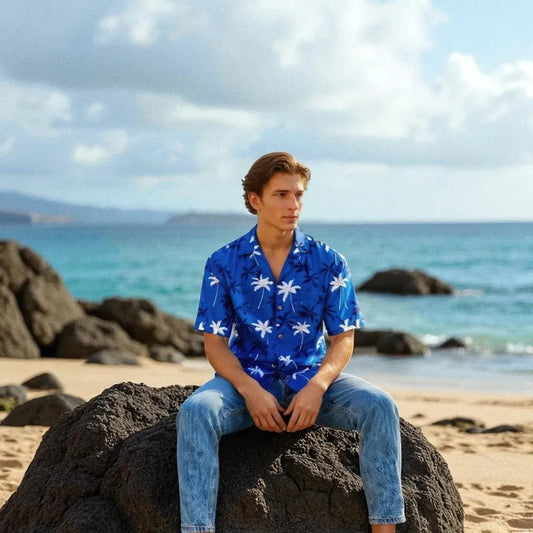 Palm beach blue hawaiian cotton shirt - alohaz
