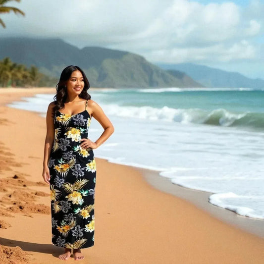 Passion black long skinny straps hawaiian dress - alohaz