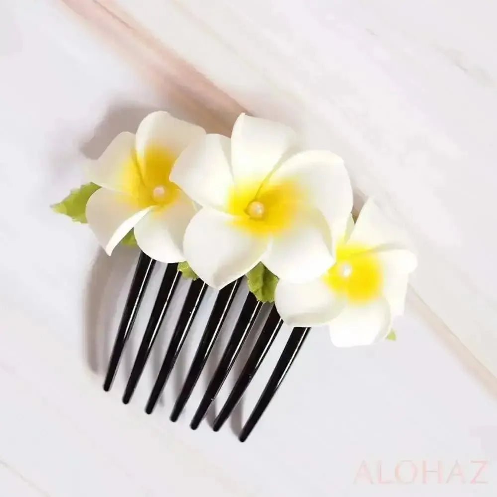 Pearls & plumeria hawaiian flower hair comb - alohaz