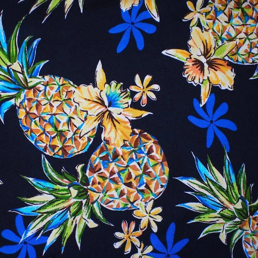 Pineapple navy blue hawaiian rayon fabric - alohaz