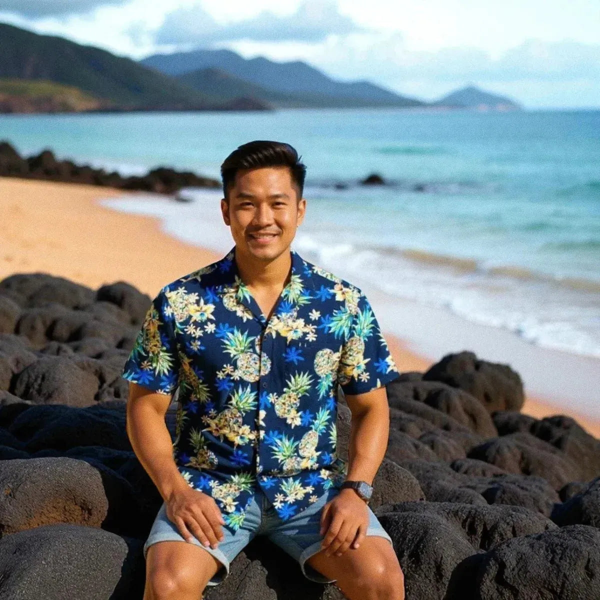 Pineapple navy blue hawaiian rayon shirt - alohaz