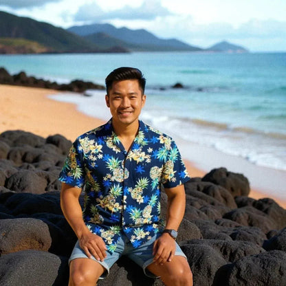 Pineapple navy blue hawaiian rayon shirt - alohaz