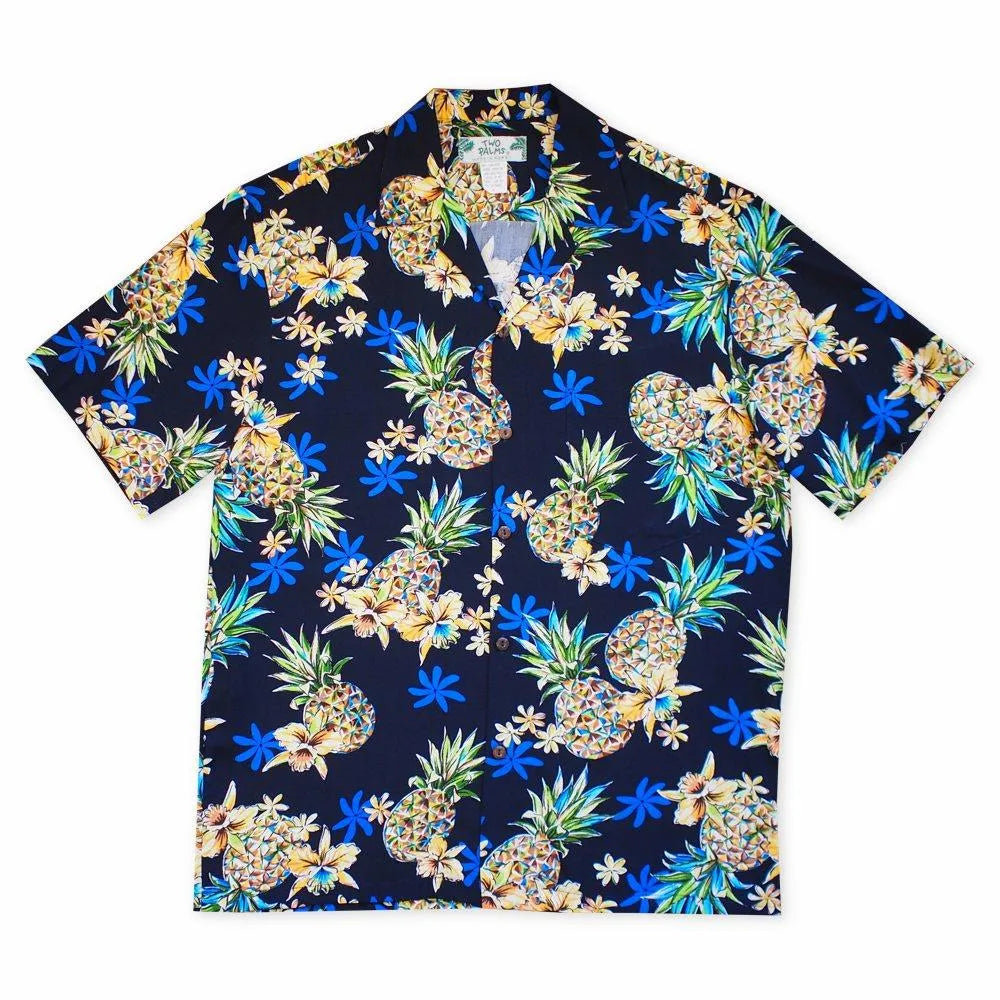 Pineapple navy blue hawaiian rayon shirt