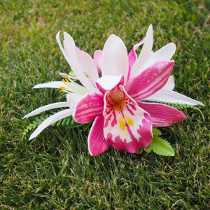 Pink orchid cheer double joy hawaiian flower hair clip