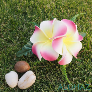 Pink plumeria double joy hawaiian flower hair clip