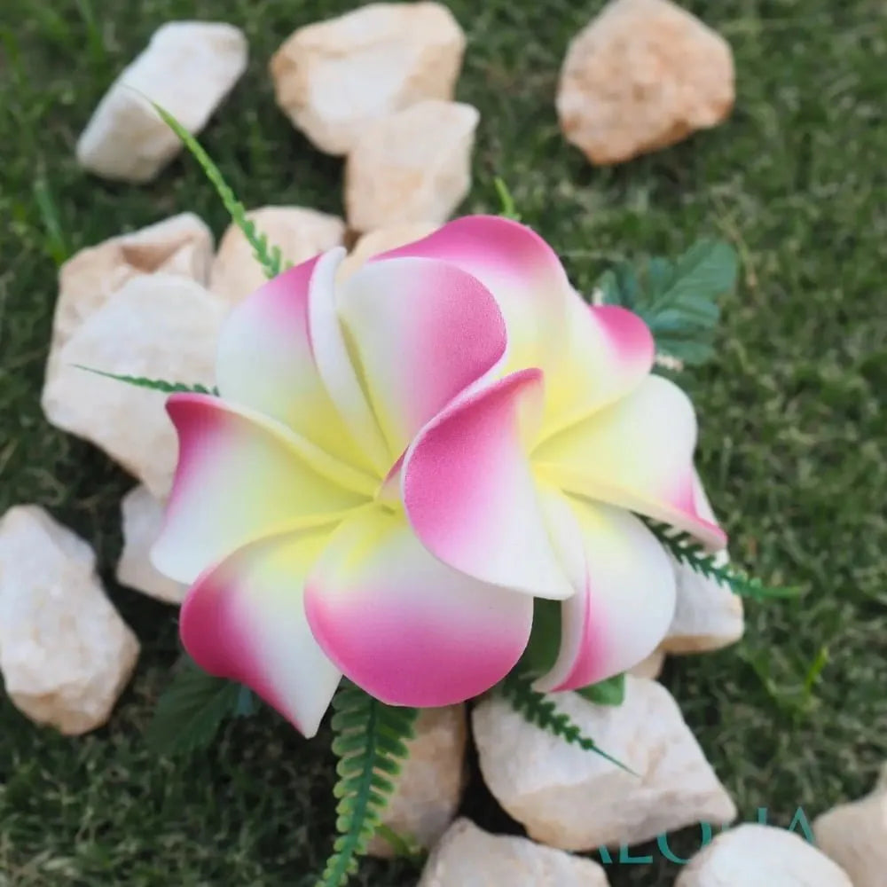 Pink plumeria double joy hawaiian flower hair clip - alohaz