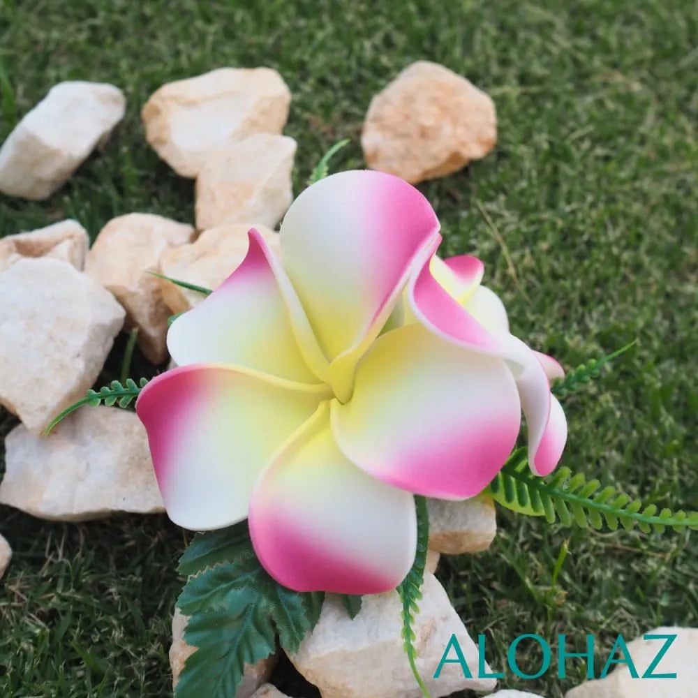 Pink plumeria double joy hawaiian flower hair clip - alohaz