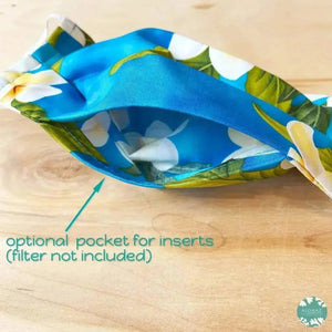 Pleated face mask + filter pocket ~ blue plumeria garden