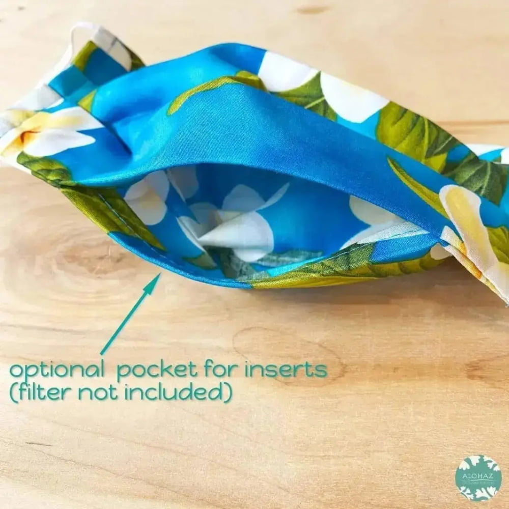 Pleated face mask + filter pocket ~ blue plumeria garden