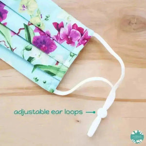 Pleated face mask + pocket + adjustable loop ~ aqua orchid bouquet