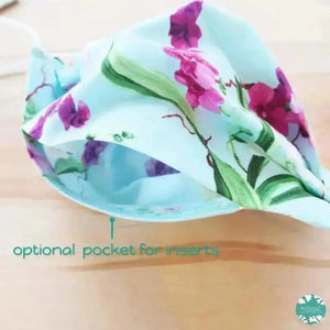 Pleated face mask + pocket + adjustable loop ~ aqua orchid bouquet