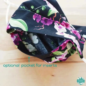 Pleated face mask + pocket + adjustable loop ~ black orchid bouquet