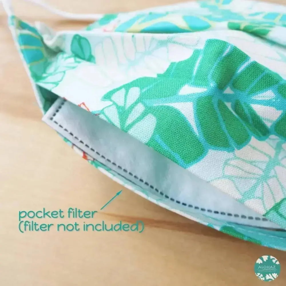 Pleated face mask + pocket adjustable loop ~ green fronds