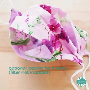 Pleated face mask + pocket + adjustable loop ~ pink orchid bouquet