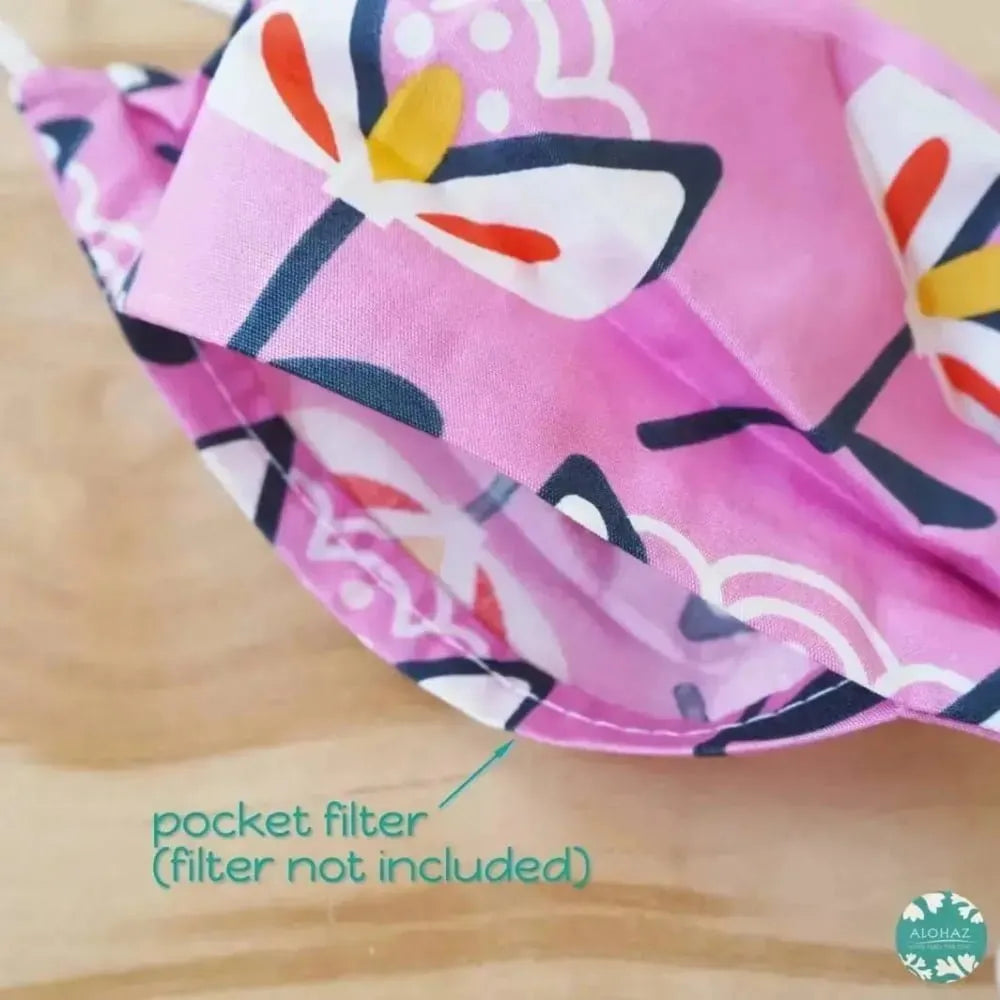 Pleated face mask + pocket + adjustable loop ~ pink summer