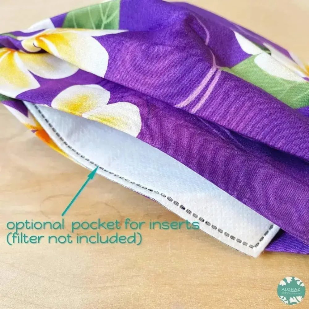 Pleated face mask + pocket adjustable loop ~ purple liliuokalani